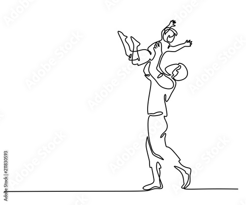 Continuous one line drawing vector illustration. Father with son in hands. photo