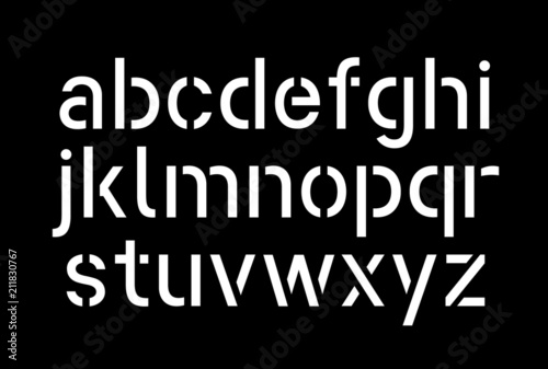 Stencil pattern latin typeface, editable font with uppercase, numbers, punctuation and currency (dollar, euro, yen, pound, bitcoin) symbol glyphs with grunge texture