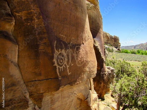 Petroglyphs on cliff at Sadie McConkie Ranch near Vernal, Utah. photo