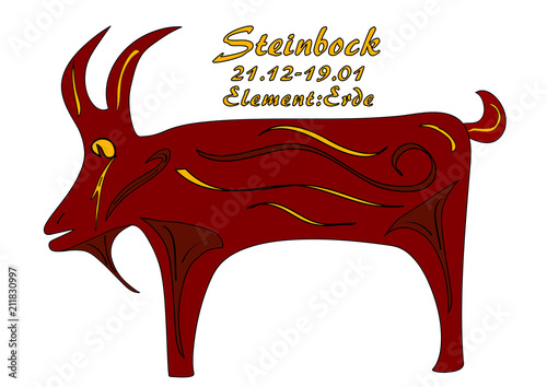 Sternzeichen Steinbock, mit deutschem Text: Steinbock, Datum, Element Erde, Vektorgrafik eps10