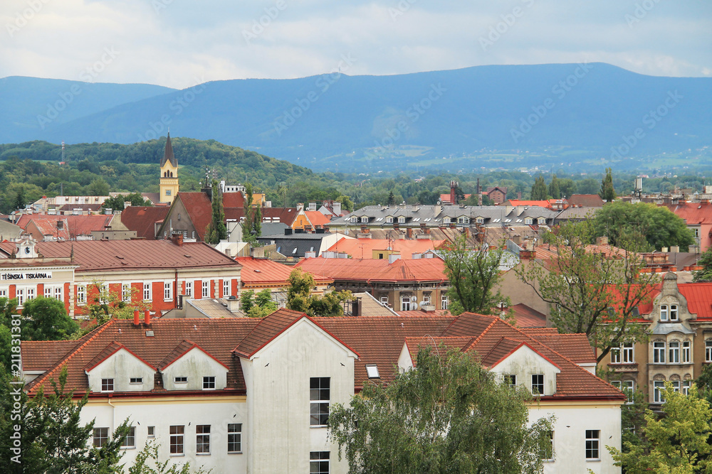 view on the town with church tower and historic buildings in Cieszyn, Poland