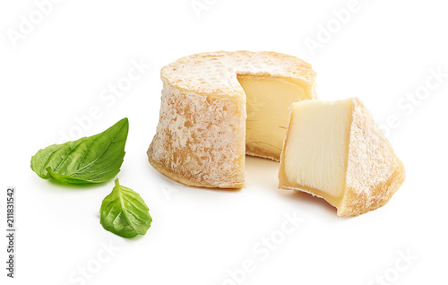 Crottin cheese sliced isolated on white background photo