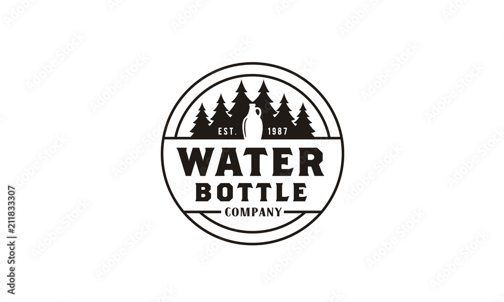 Pines Evergreen Fir Tree Forest Mountain with bottle for fresh aqua mineral water logo design inspiration Pines Evergreen Fir Tree Forest Mountain with bottle for fresh aqua mineral water logo design inspiration