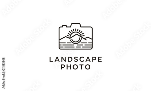 Line art Mountain Sea Sun and camera for traveling adventure outdoor photographer logo design inspiration