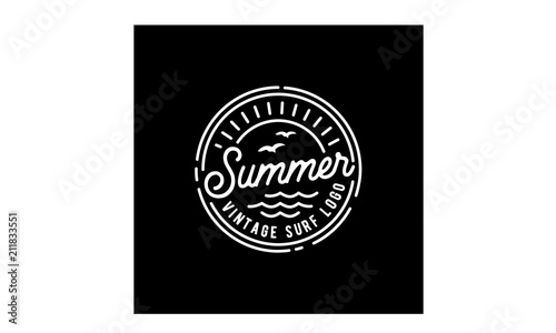 Ocean Sea Wave Birds Sun for Summer Surf Beach Vacation Holiday Line Art Vintage Hipster Label Stamp Logo design 
