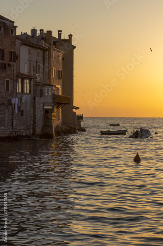 Cityscape of Rovinj town at sunset