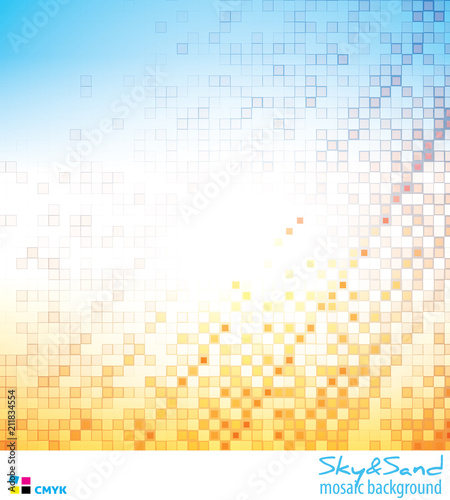 Abstract sky and sand mosaic background. Blue, yellow and orange pattern textured by squares
