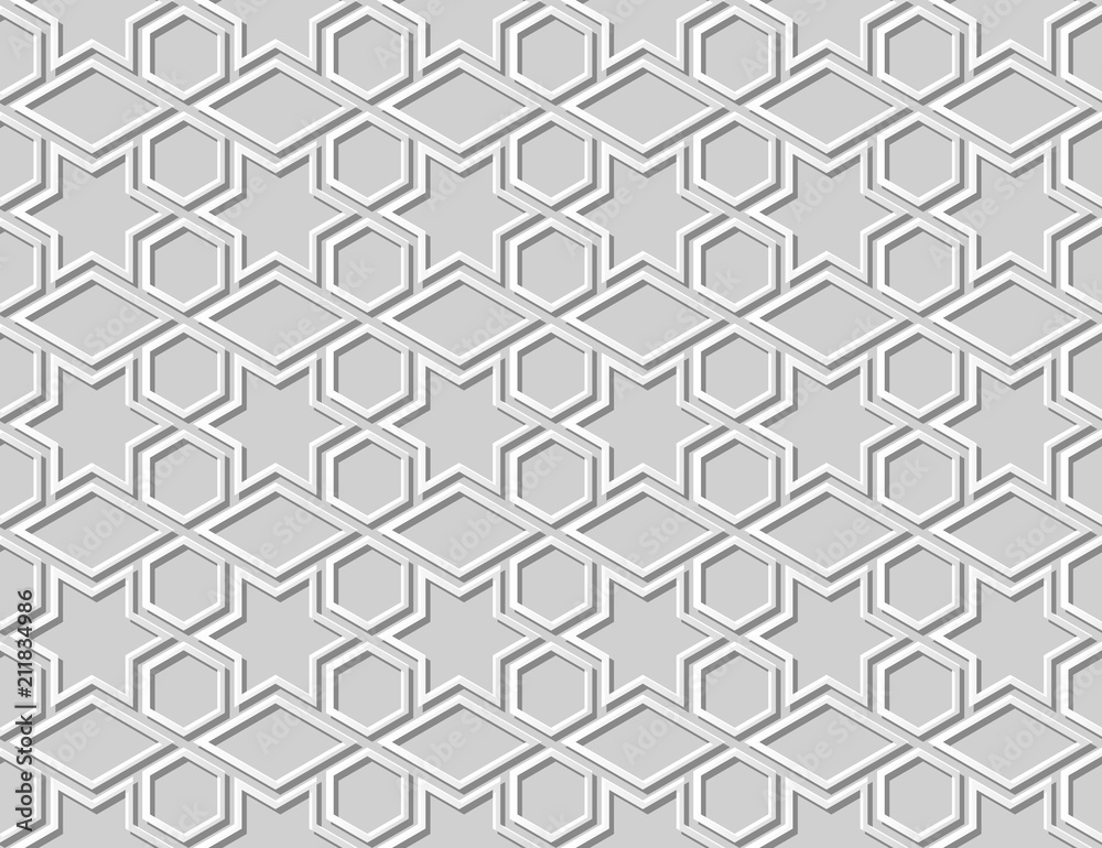 3D white paper art Islamic geometry cross pattern seamless background 3D white paper art Islamic geometry cross pattern seamless background