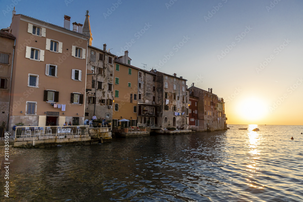 Cityscape of Rovinj town at sunset