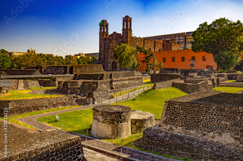Mexico. The City of Mexico (CDMX). Archaeological Zone of Tlatelolco. There is Church of Santiago Apostle in the background photo