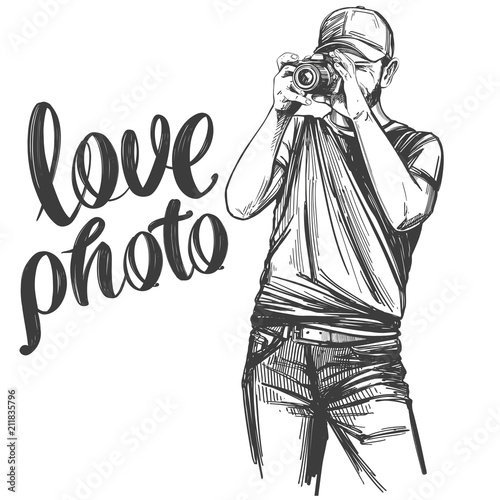 Photographer , love photo, calligraphy text hand drawn vector illustration realistic sketch