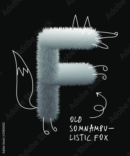 Uppercase fluffy and furry F animal fox letter with line illustrations, font made of fur texture for poster printing, branding, advertising and graffiti mural art