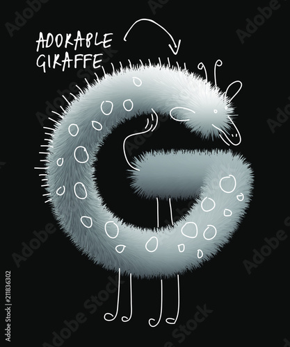 Uppercase fluffy and furry G animal giraffe letter with line illustrations, font made of fur texture for poster printing, branding, advertising and graffiti mural art