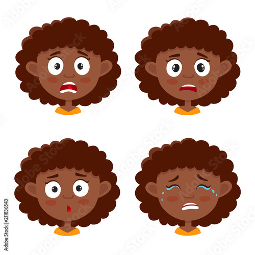 Set of african girl scared face expression isolated on white