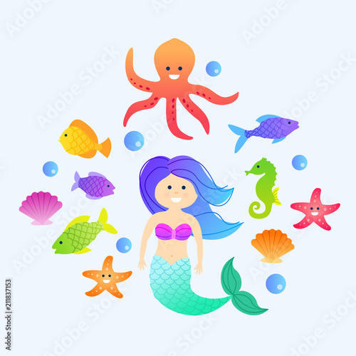 Under the sea, cartoon mermaid with fishes and sea animals, vector collection