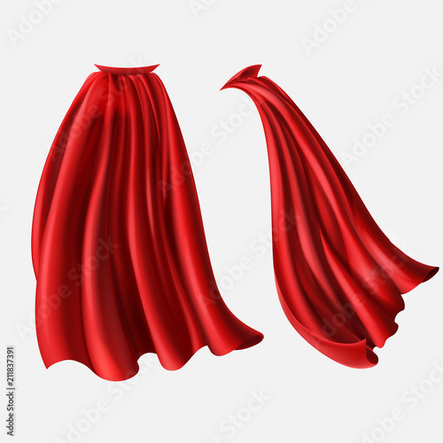 Vector realistic set of red cloaks, flowing silk fabrics isolated on white background. Satin wavy materials, drapery. Carnival clothes, decorative costume for superhero, vampire, cape for illusionist photo