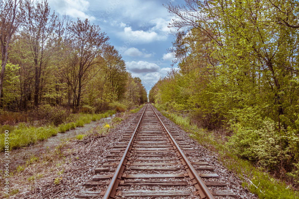 Train Track Into the Distance with Clouds and Trees Train Track Into the Distance with Clouds and Trees