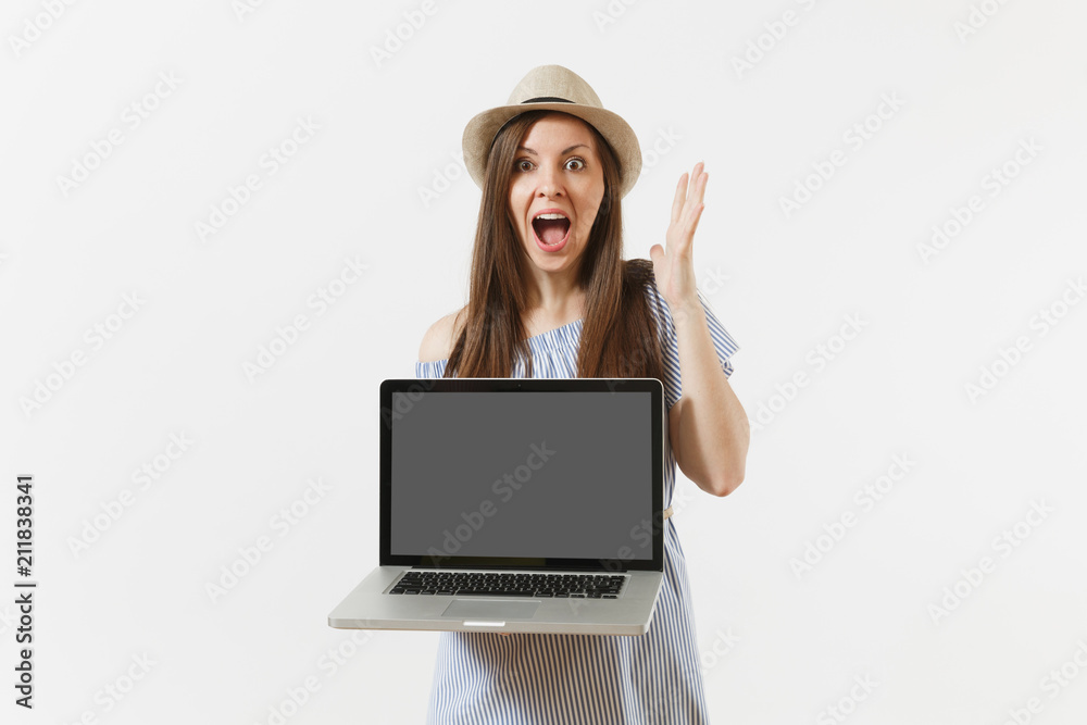 Young woman holding modern laptop pc computer with blank black empty screen to copy space isolated on white background. People freelance business, lifestyle, online shopping concept. Mobile Office. Young woman holding modern laptop pc computer with blank black empty screen to copy space isolated on white background. People freelance business, lifestyle, online shopping concept. Mobile Office.