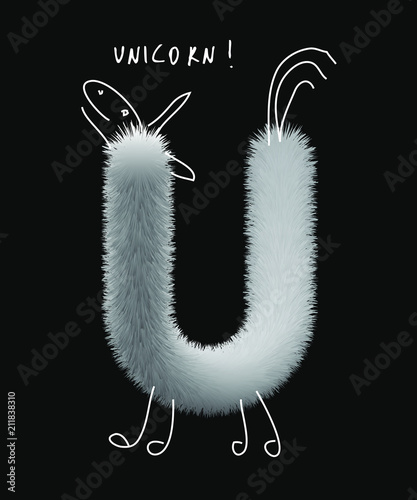 Uppercase fluffy and furry U animal unicorn letter with line illustrations, font made of fur texture for poster printing, branding, advertising and graffiti mural art