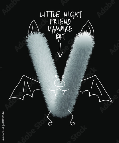 Uppercase fluffy and furry V animal vampire bat letter with line illustrations, font made of fur texture for poster printing, branding, advertising and graffiti mural art
