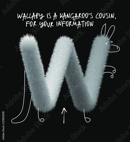 Uppercase fluffy and furry W animal wallaby letter with line illustrations, font made of fur texture for poster printing, branding, advertising and graffiti mural art