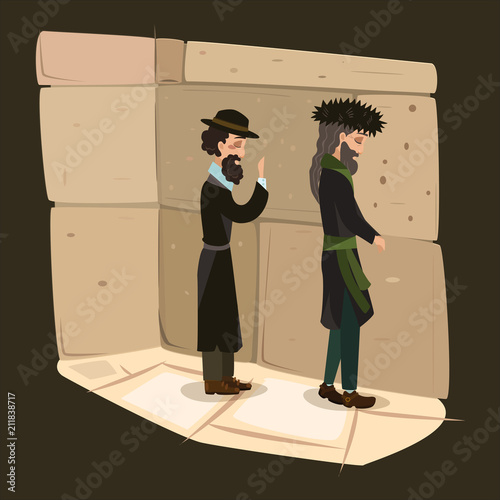 A religious orthodox Jew wearing a prayer shawl draped prays at the Wailing Wall. Jerusalem, Israel, Jewish New Year holiday vector illustration with logo and greeting card lettering design for banner