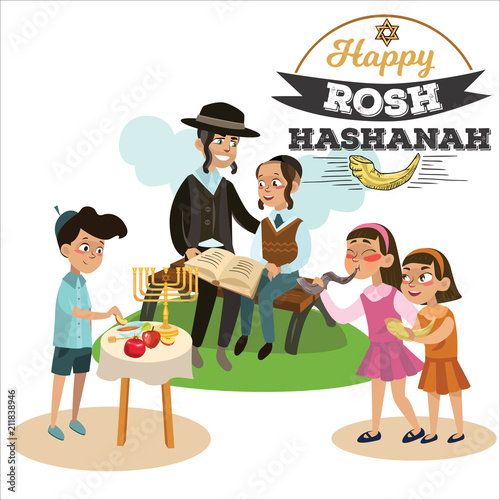 girls blowing Shofar horn for the Jewish New Year, father and son reading the Haggadah on Rosh Hashanah holiday, Little boy in yarmulke eat apple with honey religion vector illustration isolated
