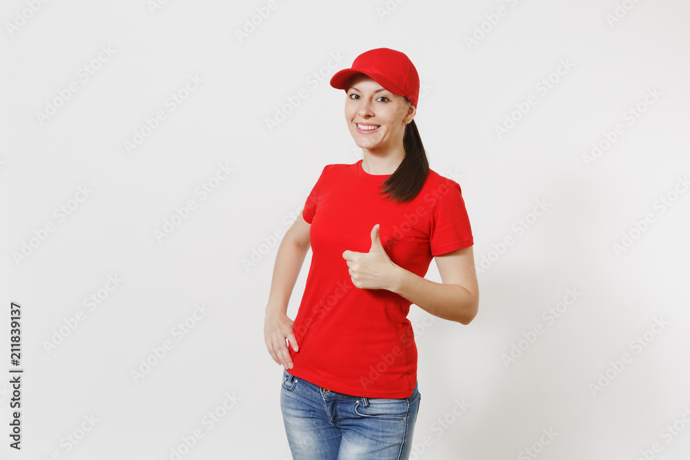 Delivery woman in red uniform isolated on white background. Professional caucasian female in cap, t-shirt, jeans working as courier or dealer, showing thumbs up gesture. Copy space for advertisement. Delivery woman in red uniform isolated on white background. Professional caucasian female in cap, t-shirt, jeans working as courier or dealer, showing thumbs up gesture. Copy space for advertisement.