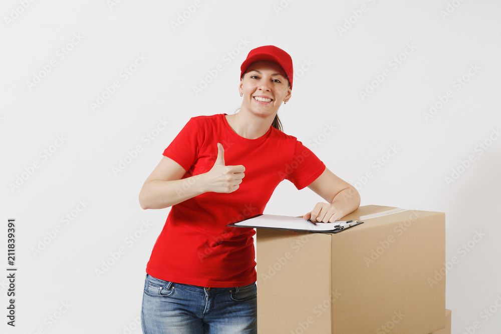 Delivery woman in red cap, t-shirt isolated on white background. Female courier holding filling clipboard with papers document, blank empty sheet on empty cardboard boxes. Receiving package Copy space Delivery woman in red cap, t-shirt isolated on white background. Female courier holding filling clipboard with papers document, blank empty sheet on empty cardboard boxes. Receiving package Copy space