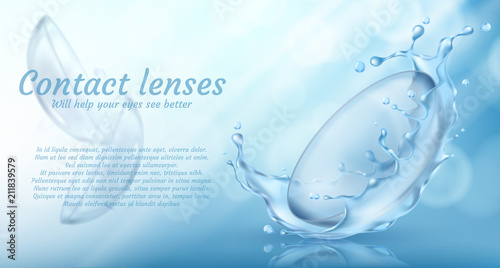 Vector realistic promotion banner with contact lenses in water splash for eye care on blue background. Medical accessory used in ophthalmology to correct vision. Mockup for product ads, package design