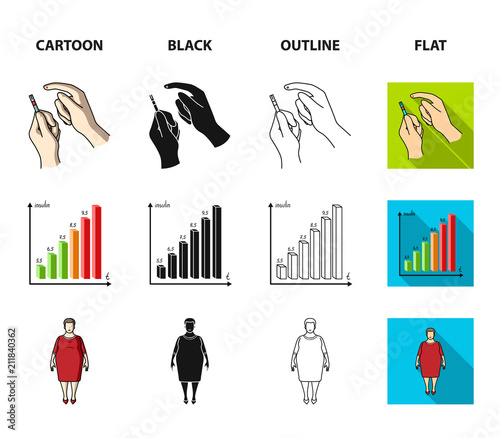Poor vision, headache, glucose test, insulin dependence. Diabetic set collection icons in cartoon,black,outline,flat style vector symbol stock illustration web.