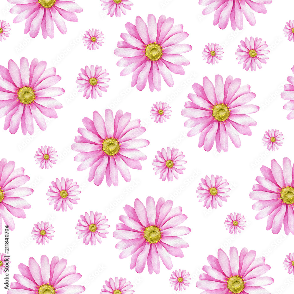 Watercolor hand painted seamless pattern of pink flowers.