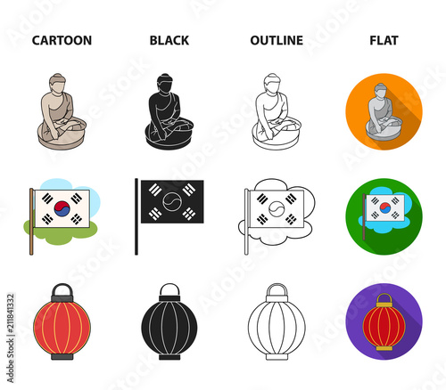 Korean in national headdress, Korean monastery, Buddha figurine, national flag. South Korea set collection icons in cartoon,black,outline,flat style vector symbol stock illustration web. photo