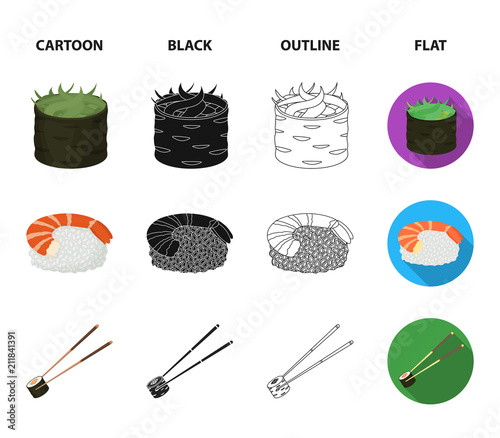 Bowl of soup, caviar, shrimp with rice. Sushi set collection icons in cartoon,black,outline,flat style vector symbol stock illustration web.