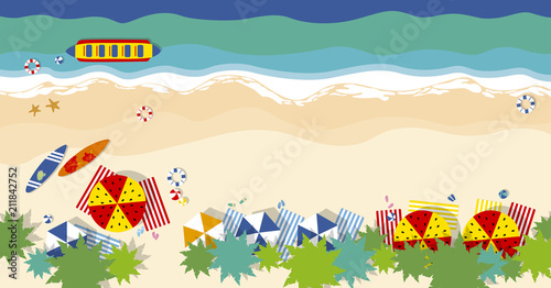 Summer travel concept of umbrella coconut tree surfboard ball and starfish on beach background flat lay style vector illustration