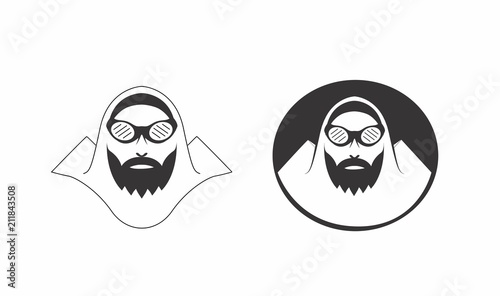 Alpinist man with mountain in backdrop character badge logo design 