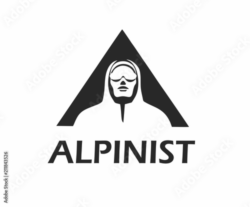 Alpinist looking up simple modern logo design 