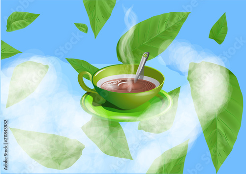 green cup with tea of coffee