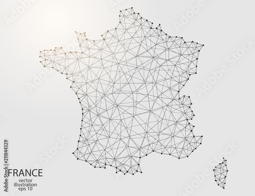 A map of France consisting of 3D triangles, lines, points, and connections. Vector illustration of the EPS 10.