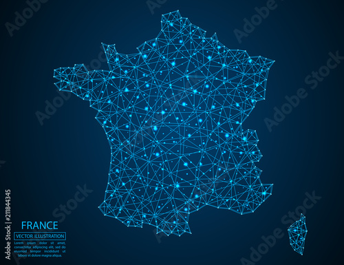 A map of France consisting of 3D triangles, lines, points, and connections. Vector illustration of the EPS 10.