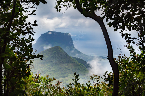 view of Mauritius island and famous Le Morne Brabant mountain photo