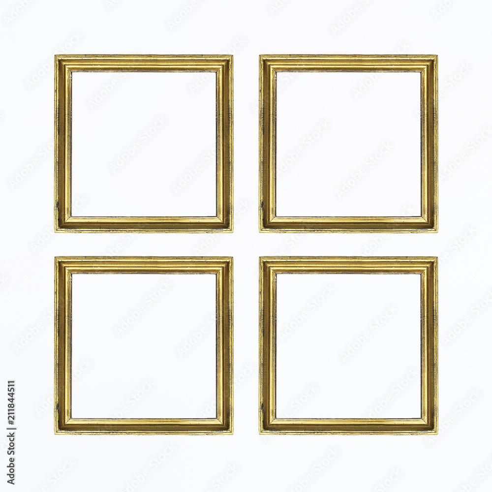 Four gold square frames for painting or picture on white background. Isolated. Add your text. Four gold square frames for painting or picture on white background. Isolated. Add your text.