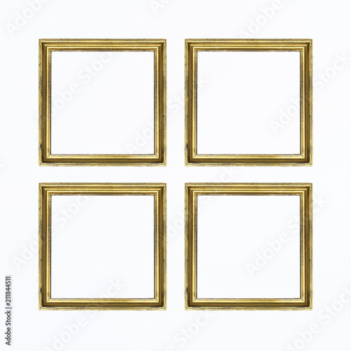 Four gold square frames for painting or picture on white background. Isolated. Add your text.