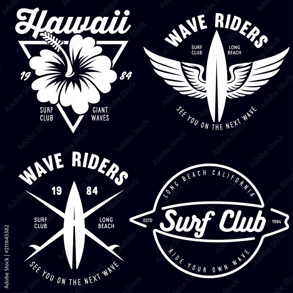 Set of Vintage Surfing Graphics and Emblems for web design or print. Surfer  logo templates. Surf Badge. Summer fun. Surfboard elements. Outdoors  activity - boarding on waves. Stock Vector | Adobe Stock