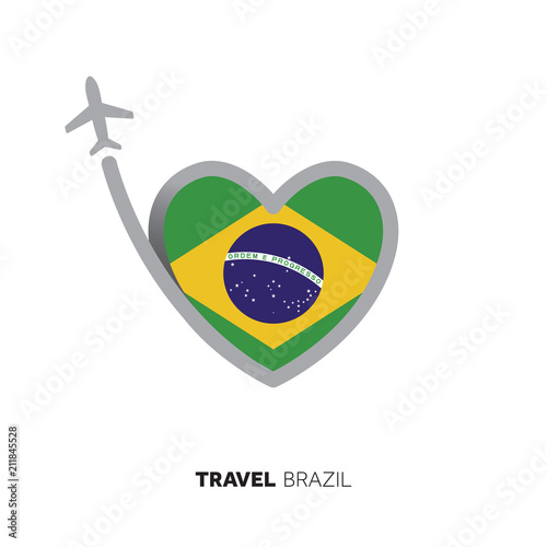 Brazil travel concept. Heart shape flag with airplane