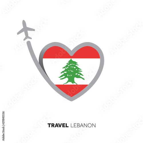 Lebanon travel concept. Heart shape flag with airplane