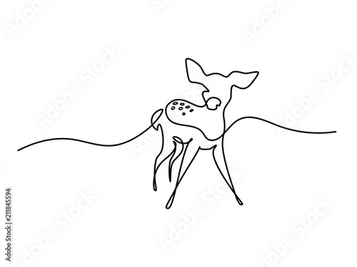 Continuous line drawing. Funny Roe Deer Fawn cub baby. Vector illustration. Concept for logo, card, banner, poster flyer