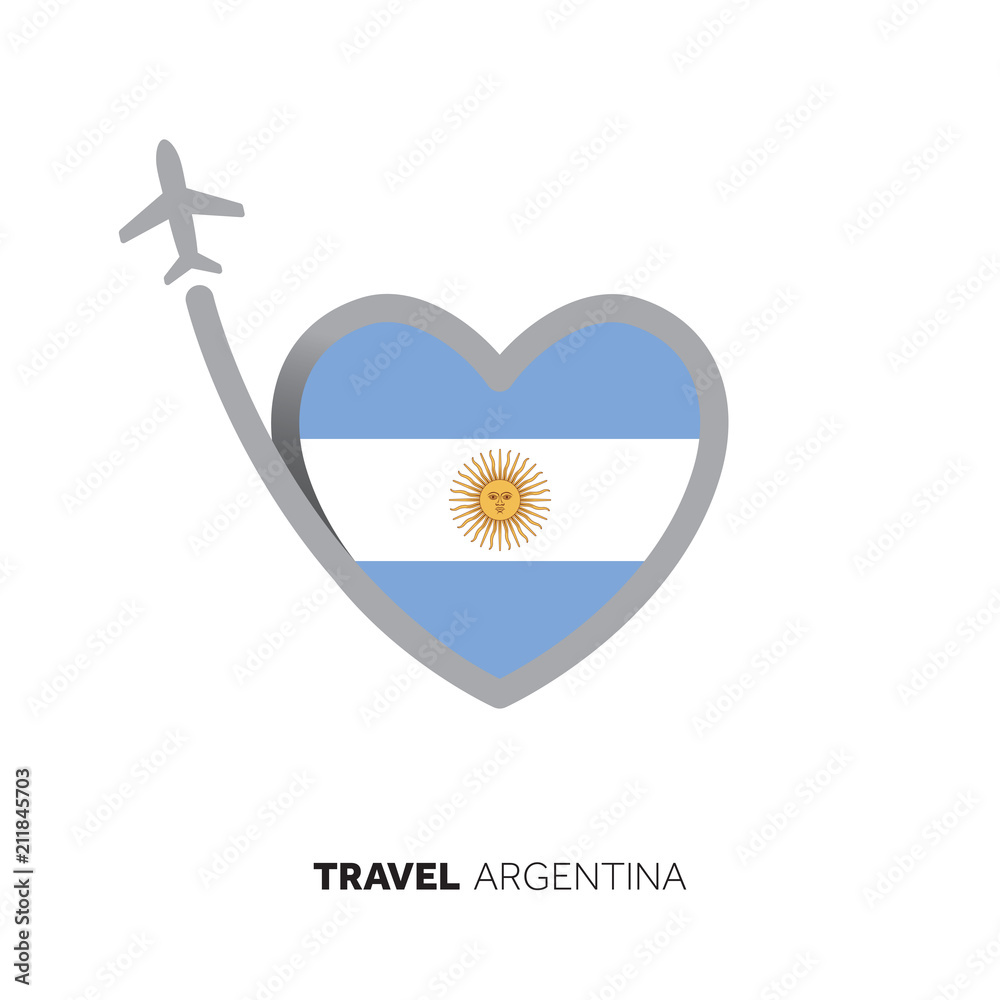 Argentina travel concept. Heart shape flag with airplane Argentina travel concept. Heart shape flag with airplane