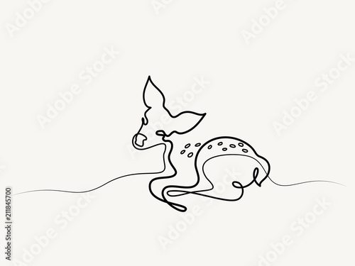 Continuous line drawing. Funny Roe Deer Fawn cub baby. Vector illustration. Concept for logo, card, banner, poster flyer