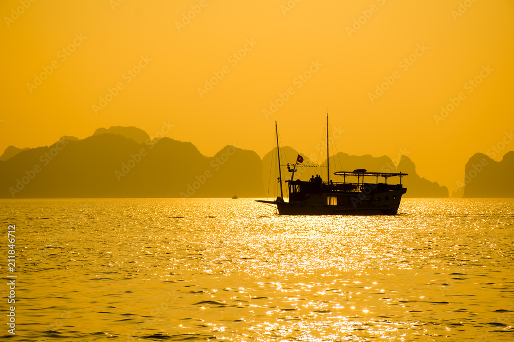 Beautiful sunset at Halong Bay in Vietnam